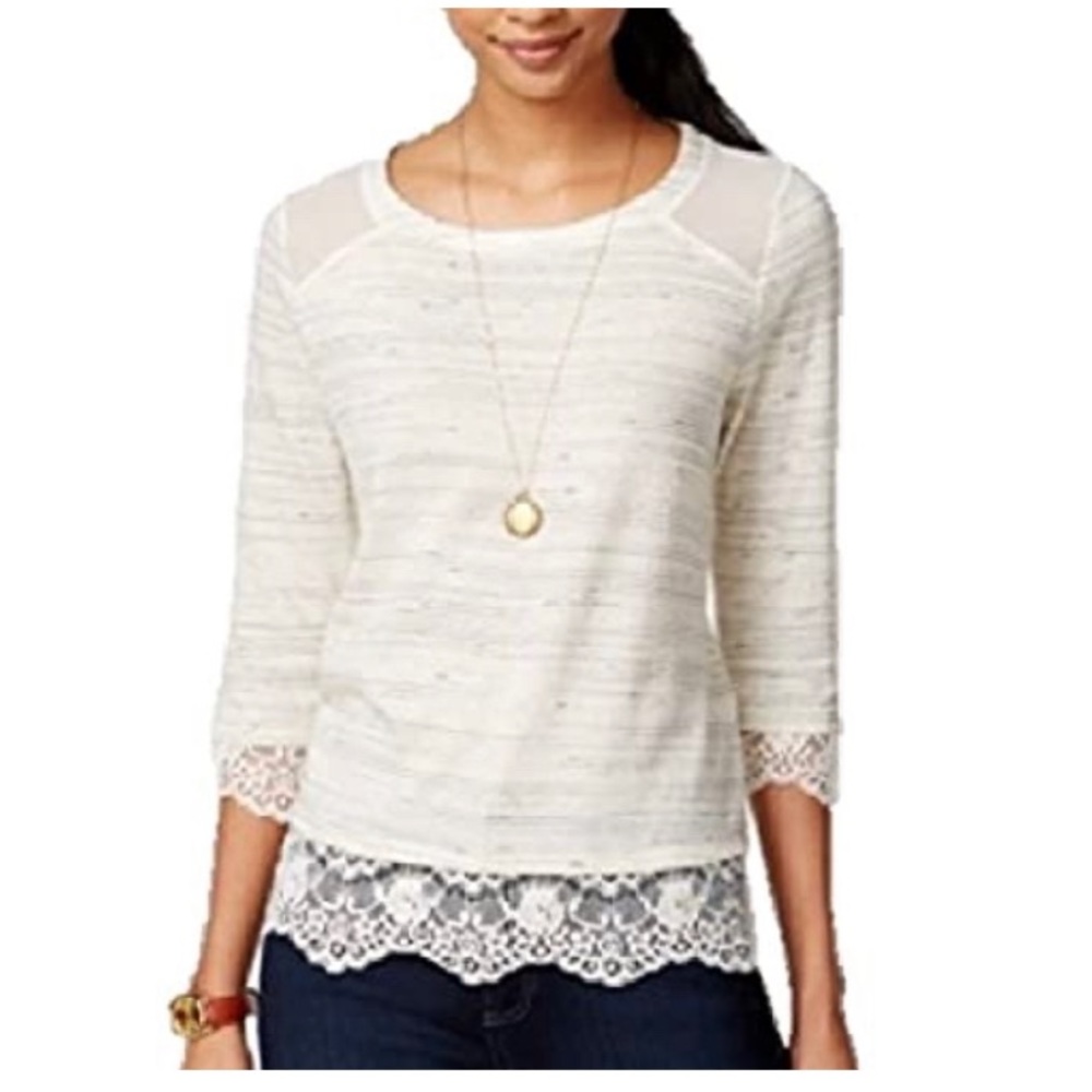 Maison Jules Heathered Lace Contrast Shirt Top